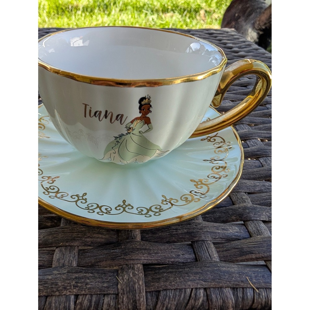 Disney Princess Tiana Tea Cup and Saucer Set Zrike Brands Mint Gold Trim